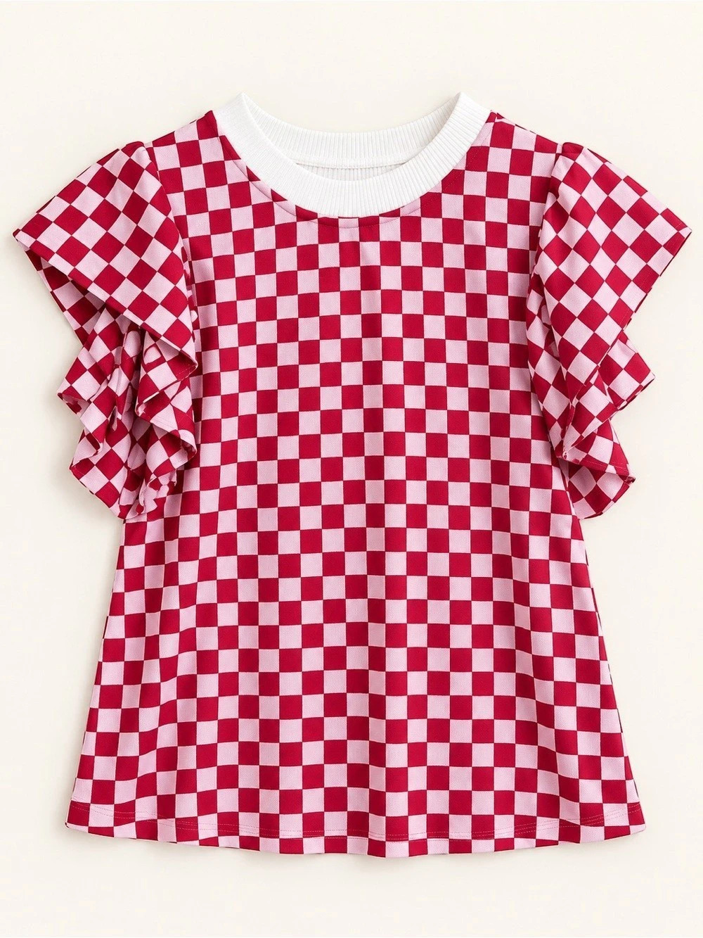Checkered Ruffle Sleeve Top in Deep Red & White Brand New Multiple Sizes Avail